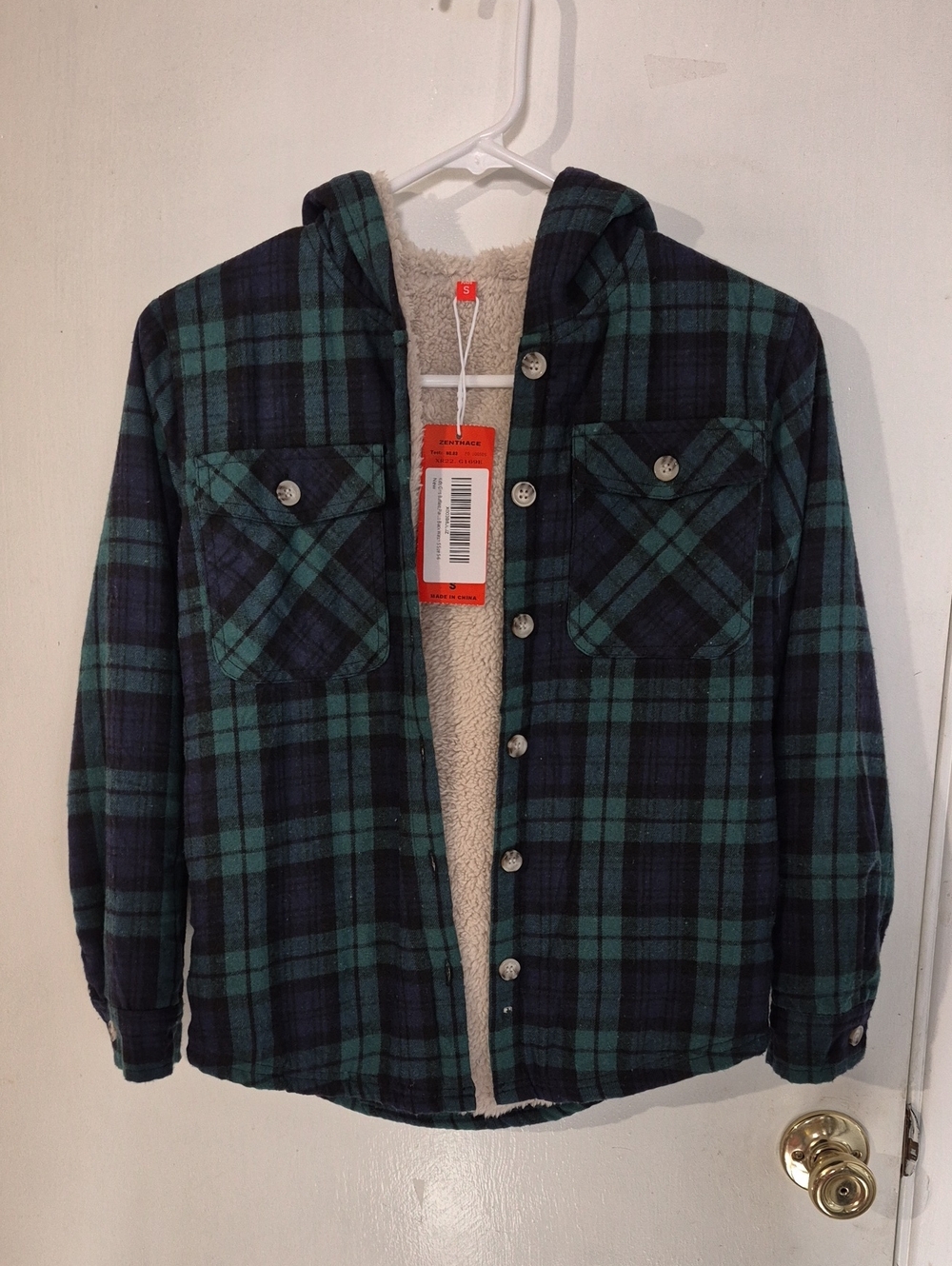Kids Hooded Plaid Sherpa-Lined Shirt Jacket - Green/Black